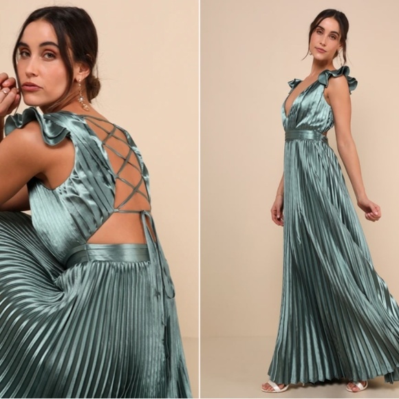 LULU's Sexy Prom Wedding Flowy Romantic Ruffle Corset Tie Back Maxi Dress - Picture 4 of 5